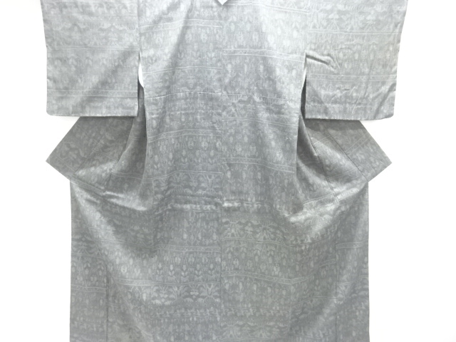 横段に更紗模様織り出し手織り真綿小千谷紬着物